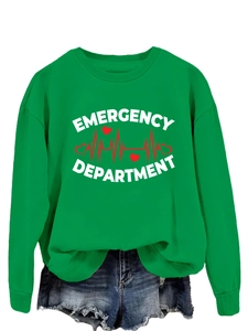 Detail of green crewneck sweatshirt with Emergency Department text and heart print