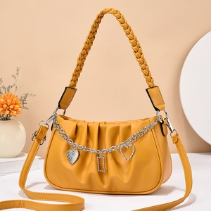 Women Pleated Underarm Shoulder Bag PU Leather Woven Handle Metal Chain Heart Pendant Chic Crossbody Handbag