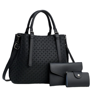 Black woven texture 3-piece bag set with tote, crossbody bag and small pouch