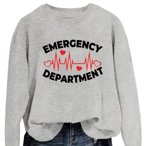 Loose fit grey crewneck sweatshirt featuring Emergency Department heart monitor print