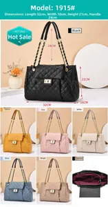 Detailed view of quilted leather chain tote with metal twist lock and dimensions