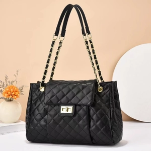 Women Quilted Chain Shoulder Bag PU Leather Rhombic Pattern Metal Turn Lock Fashion Elegant Crossbody Handbag