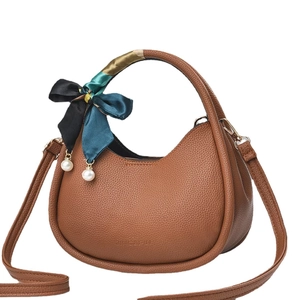 Brown lychee grain PU leather small round handbag with silk scarf and pearl charms