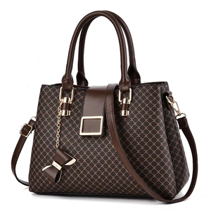 Brown printed PU leather handbag with gold buckle and bow charm for elegant women