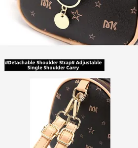 Detail of detachable shoulder strap with golden metal buckle on brown pattern mini bag