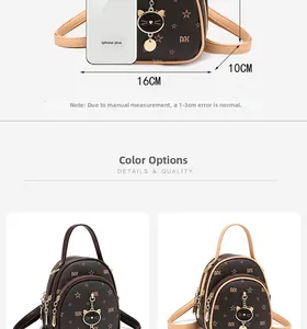 Detail view of mini backpack featuring star logo pattern and cat-shaped metal zipper pull