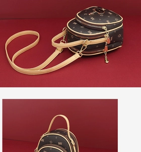 Detail of multi-layer zipper small brown backpack with star pattern and cat pendant