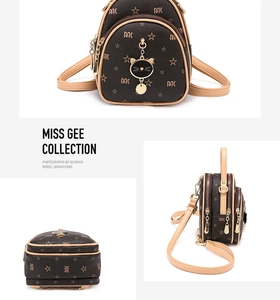 Detail view of mini backpack with MK monogram stars and cat pendant decoration
