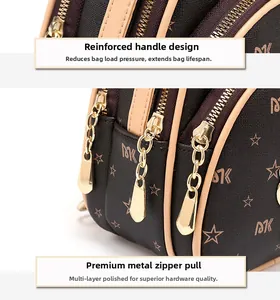 Detail of dark brown leather mini bag featuring reinforced handle and gold-tone zippers