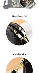 Detail of golden zipper heads and metal buckles on black floral embroidered bag