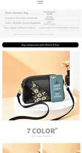 Detail view of floral embroidery on a black leather crossbody bag with dimensions 26x7x16cm