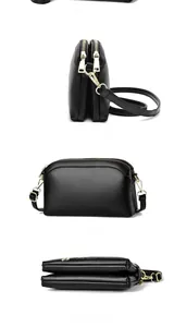 Multiple angles of a black three-zipper shoulder bag showing side and bottom views