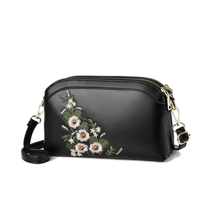 Fashionable black faux leather crossbody bag with elegant floral embroidery and gold zippers