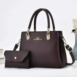 Women's 2-piece tote bag set with matching wallet in dark brown litchi pattern leather