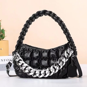 Women Rhombic Quilted Crossbody Bag With Chunky Silver Chain And Woven Handle PU Leather Fashion Shoulder Handbag For Casual Travel