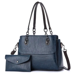 Navy blue textured PU leather tote bag set with detachable strap and small wallet