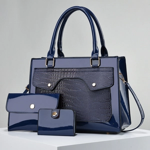 Navy blue patent leather handbag 3pcs set with crocodile pattern tote and clutches