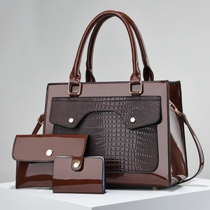 Women Patent PU Leather Crocodile Embossed Tote And Clutch And Card Holder Handbags Professional Commute Shiny Elegant