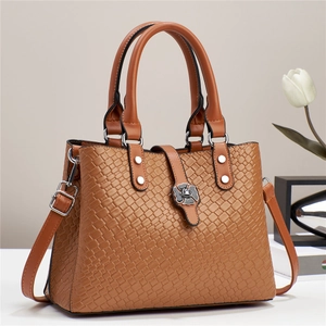 Brown woven texture handbag for women with metallic flower clasp and top handles