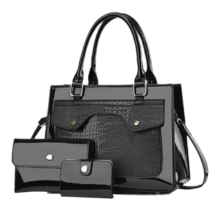 Black glossy patent leather 3-piece bag set with elegant embossed crocodile texture