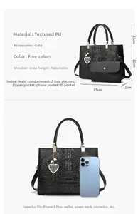 Detailed dimensions of black crocodile pattern tote bag with heart charm and size scale