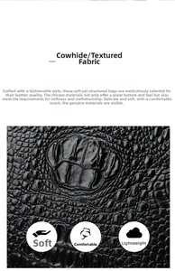 Detailed macro shot of premium black crocodile textured cowhide leather on a tote bag