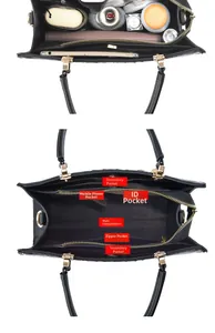 Detail view of large tote bag internal compartments with multi-functional storage pockets