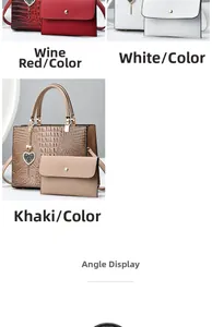 Detailed view of crocodile pattern tote bag set with heart pendant in burgundy and khaki