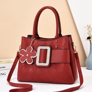 Large capacity red quilted leather tote bag with rhinestone buckle and floral charm