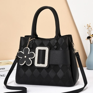 Women Large PU Leather Tote Bag Rhombic Texture Rhinestone Square Buckle Handbag With Flower Pendant Casual Shoulder Bag
