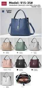 Detailed view of women bucket bag dimensions and eight color options in embossed leather