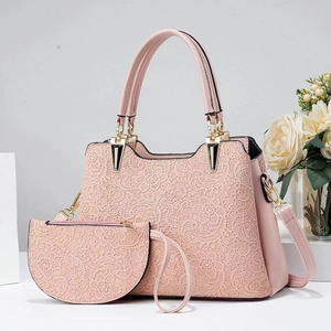 Pink lace pattern 2-piece tote bag set with detachable strap and top handle
