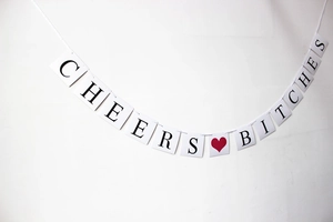 Banderole Cheers Bitches pour enterrement de vie de jeune fille avec cartes et texte noir
