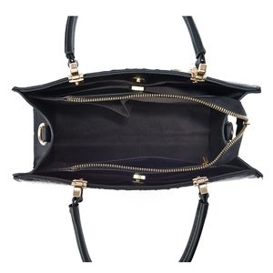 Black leather tote bag with top-down view showing spacious multi-compartment interior
