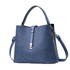 Navy blue lace bucket bag with top handle and detachable shoulder strap for women