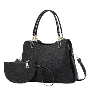 Black floral lace tote bag set with matching coin purse and gold hardware accents