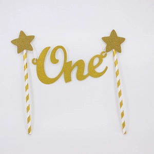 Glittery gold One cake topper for baby first birthday party with star details