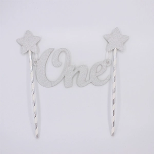 Silver glitter One cake topper with stars for baby first birthday party decoration