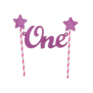 Purple glitter One cake topper with stars and pink striped sticks for 1st birthdays