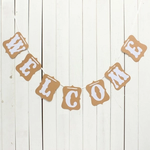 Vintage WELCOME kraft paper banner with scalloped edges for bridal shower wedding party