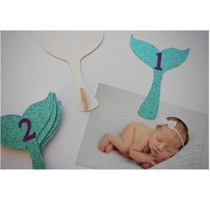 Mermaid tail baby monthly photo banner with blue glitter cards and wooden clips