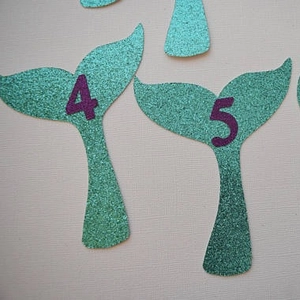 Glittering mermaid tail birthday banner with mint green finish and purple number detail