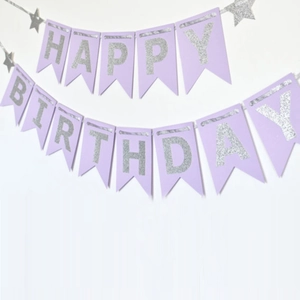 Λεβάντα τσόχινο πανό Happy Birthday με ασημί γκλίτερ για διακόσμηση γενεθλίων