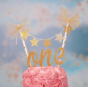 Décoration De Gâteau Premier Anniversaire Paillettes Or Papier Étoile Tulle Noeud Paille Rayée Pour Bébé Enfant