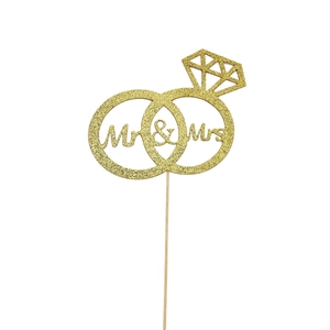 Golden glitter Mr & Mrs wedding cake topper with double ring and diamond design