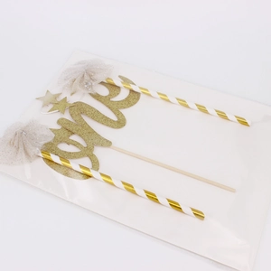 Décoration de gâteau ONE pailletée dorée avec pailles rayées pour premier anniversaire