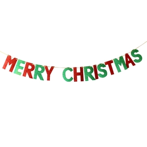 Glittery red and green Merry Christmas banner with hanging string for holiday party decor