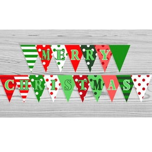 Close-up of Merry Christmas triangle bunting banners with festive red and green patterns