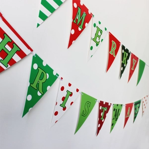 Festive red and green Merry Christmas triangle banner for holiday home wall decoration
