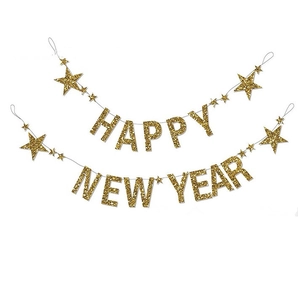 Glittery gold Happy New Year banner with stars for festive party wall decoration